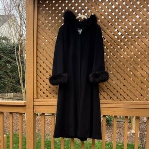 Marvin Richards Black Wool Hood Coat with Fur-Trim Accent